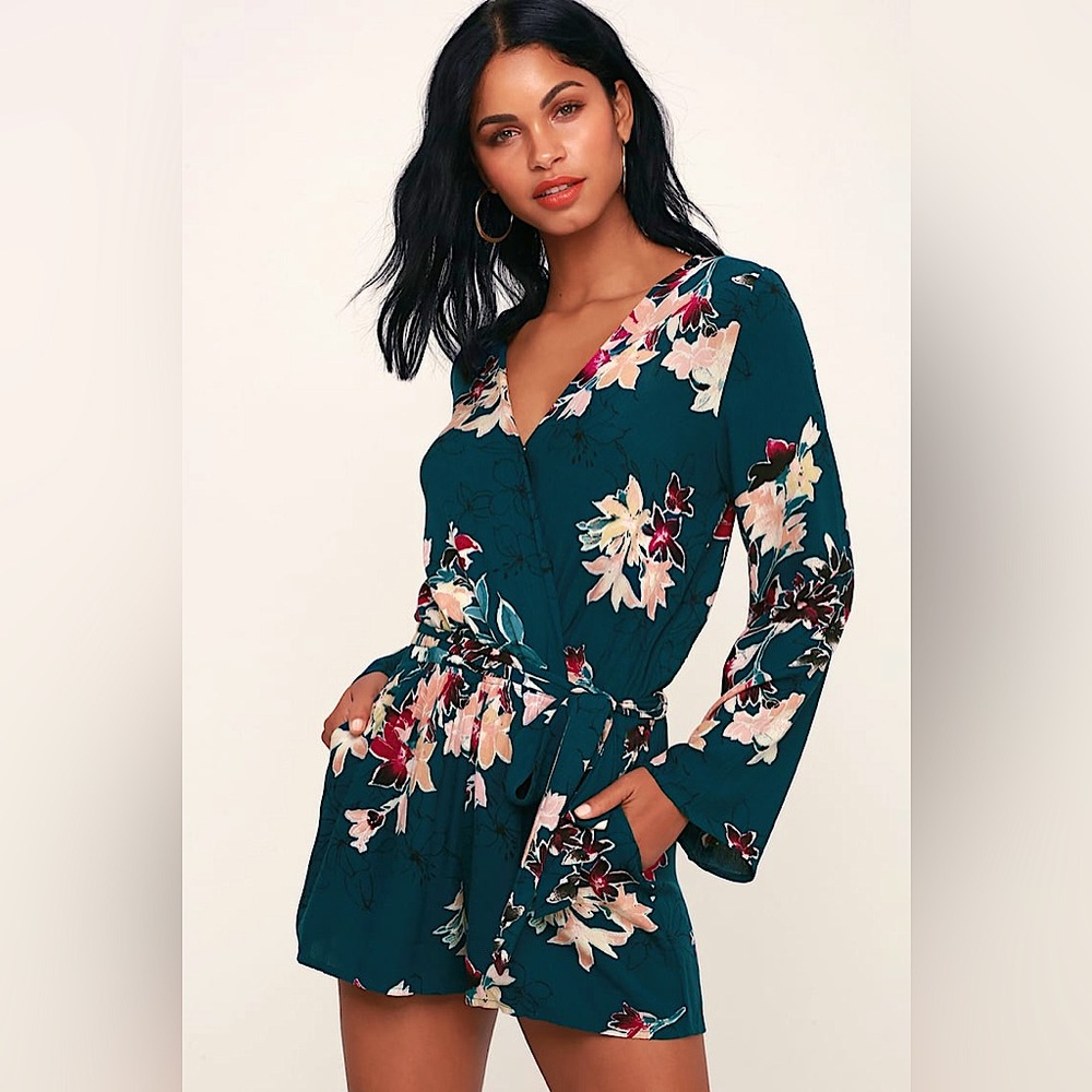 Lulus Where I Belong Teal Green Floral Print Long Sleeve Romper